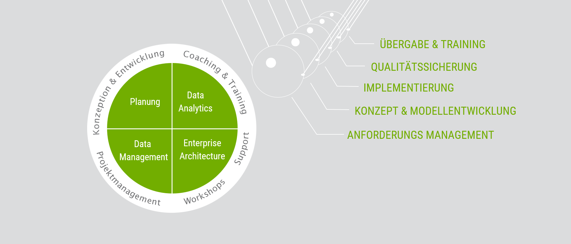 Bild zeigt wie Übergabe & Training, Qualitätssicherung, Implementierung, Konzept & Modellentwicklung sowie Anforderungsmanagement zusammenspielen. SYNAXUS