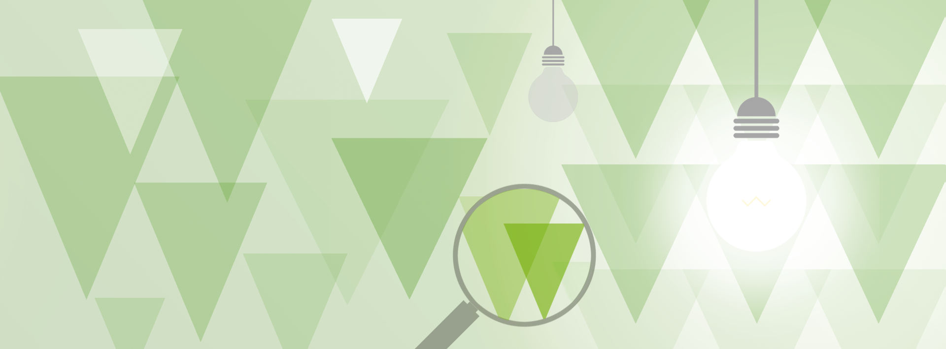 Grüne Dreiecke davon zwei mit einer Lupe fokussiert und zwei Glühbirnen davon eine hell erleuchtet von SYNAXUS 2 Grüne Dreiecke davon zwei mit einer Lupe fokussiert und zwei Glühbirnen davon eine hell erleuchtet von SYNAXUS 2