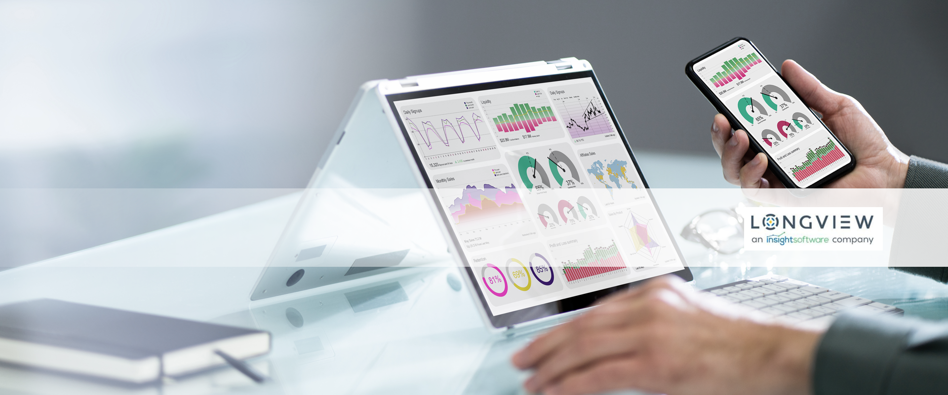 Banner mit Dashboard und Smartphone Dashboard von Longview Analytics von SYNAXUS Banner mit Dashboard und Smartphone Dashboard von Longview Analytics von SYNAXUS