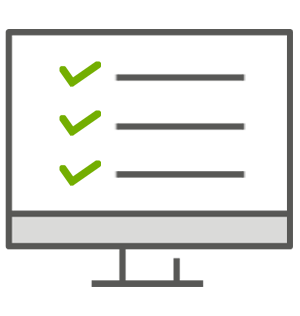 Bildschirm mit drei grünen harken Links und drei Linien rechts